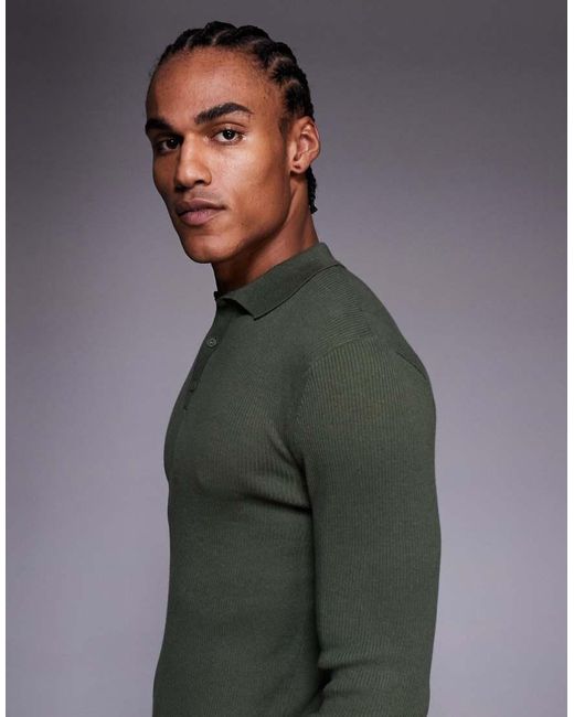 ASOS Gray Essential Muscle-fit Fine-rib Knit Polo for men