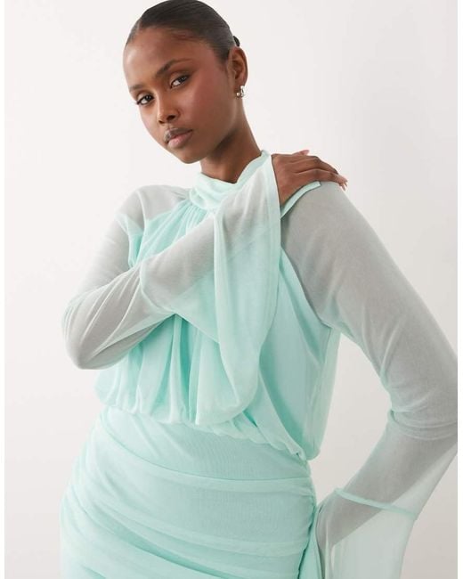 DASKA Green Mesh Drape Long Sleeve High Neck Maxi Dress