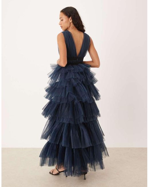True Decadence Blue Plunging Neck Layered Tulle Maxi Dress