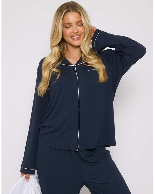Loungeable Blue Rib Long Sleeve Traditional Shirt And Long Pant