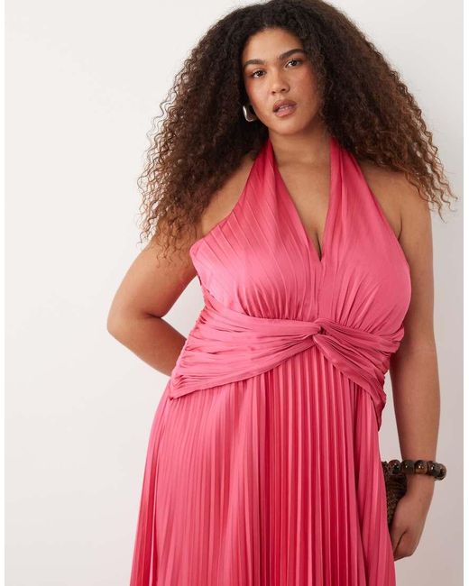 Forever New Pink Pleated Satin Halter Neck Maxi Dress