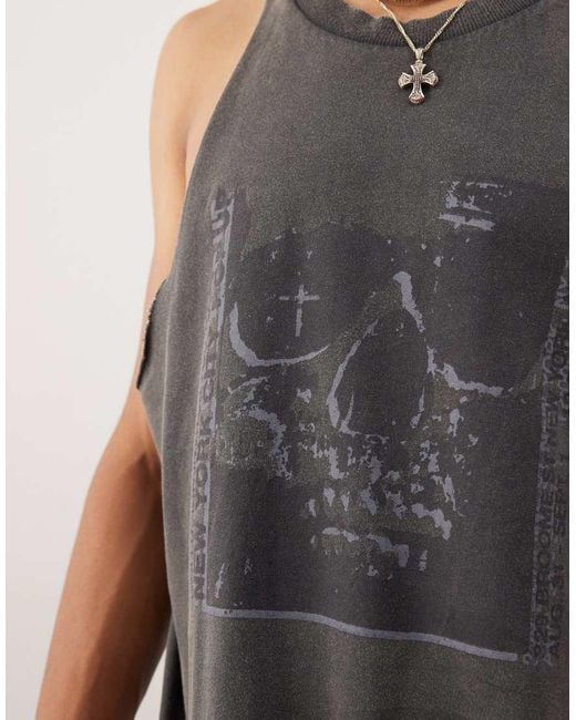 Collusion Gray Printed Cut Off Tank Top for men