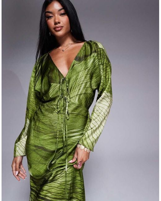 ASOS Green Batwing Sleeve Midi Dress With Tie Front