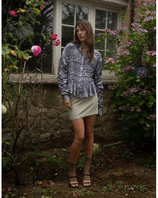 Muse Assembly Blue Crushed Satin Ruched Shirt