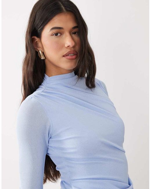 ASOS Blue Ruched Mesh High Neck Long Sleeve Midi Dress