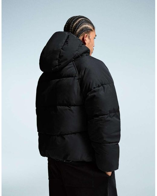 Bershka Black Puffer Jacket With Hood for men