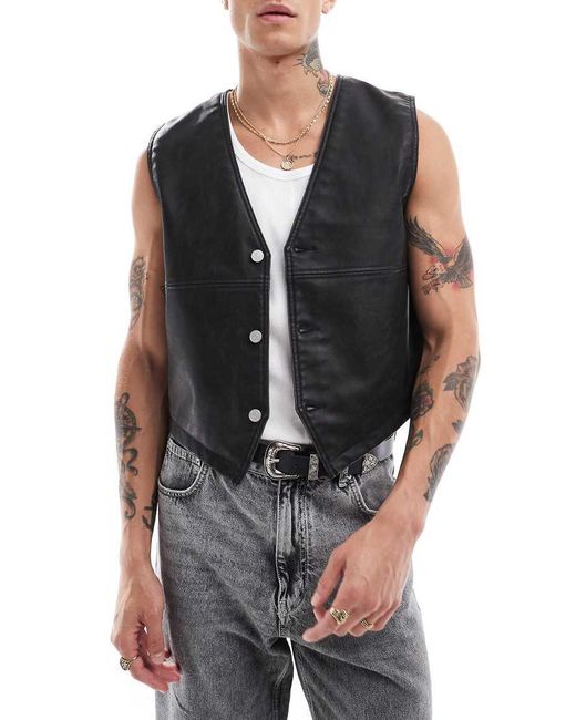Weekday Black Alfons Faux Leather Waistcoat Vest for men