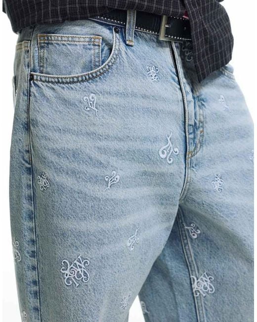 Pull&Bear Blue Stwd Embroidered baggy Jeans for men