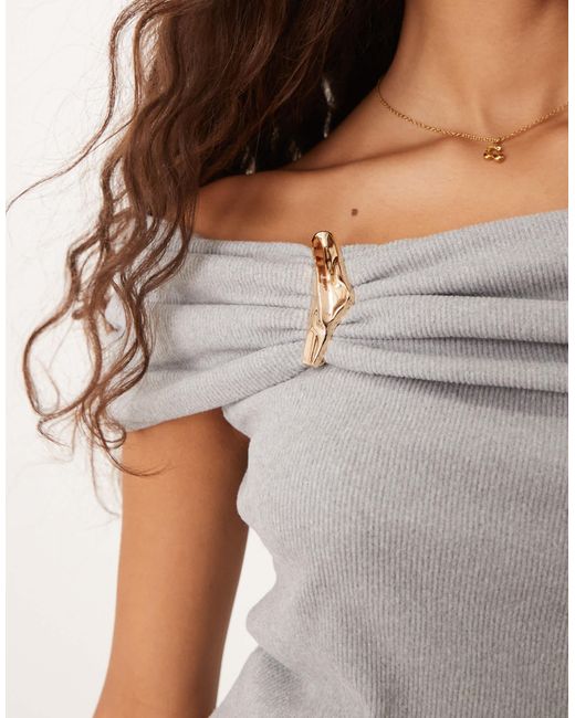 ASOS Gray Modal Off Shoulder Top With Hardware & Fold Over Detail
