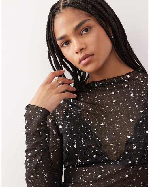 Noisy May Black Lettuce Edge Mesh Top With Silver Stars Print