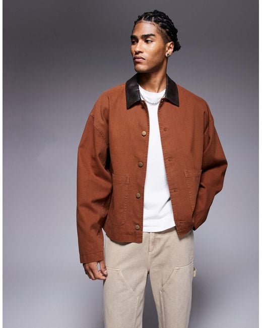 ASOS Natural Boxy Oversized Worker Jacket With Faux Leather Collar for men