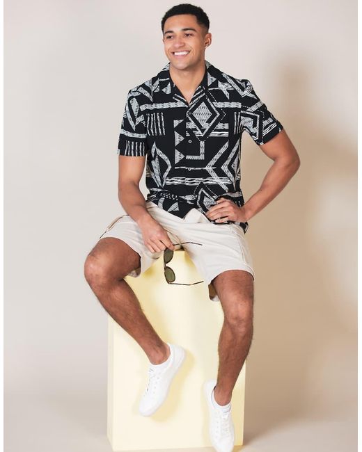 French Connection Black Geometric Print Short Sleeve Shirt for men