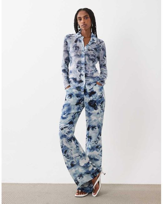 GOOD AMERICAN Blue Mesh Button Up Top