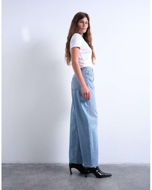 TOPSHOP Gebleekte Jeans Met Hoge Taille En Ronde, Wijde Pijpen in het Blue