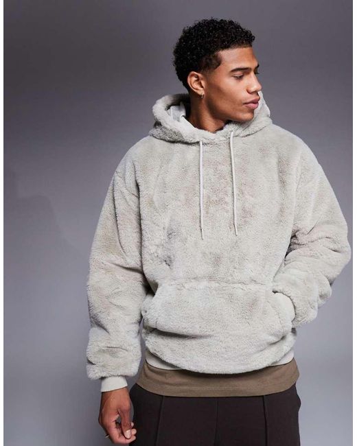 ASOS Oversized Faux Fur Hoodie in Grey for Men | Lyst UK