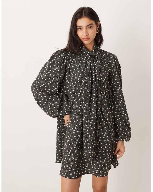 Glamorous Black Pussybow Smock Mini Dress With Balloon Sleeves