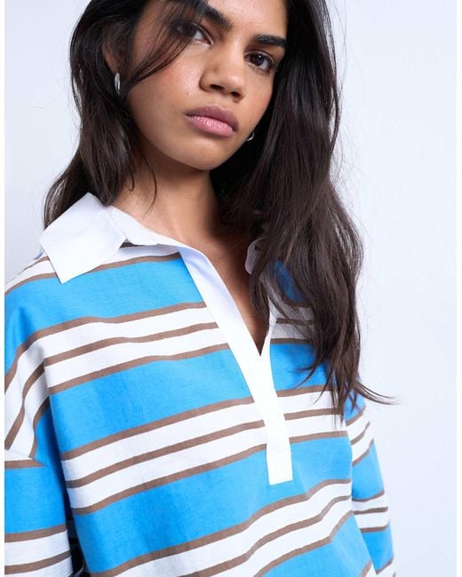 TOPSHOP Blue Long Sleeve Woven Polo Top