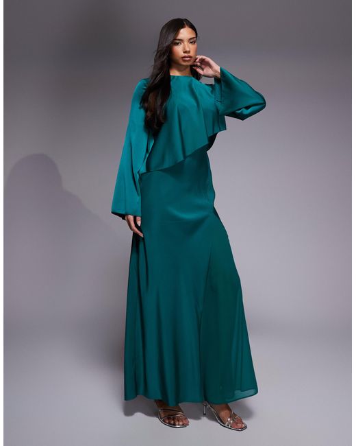 ASOS Women's Blue Satin Long Sleeve Cape Detail Maxi Dress