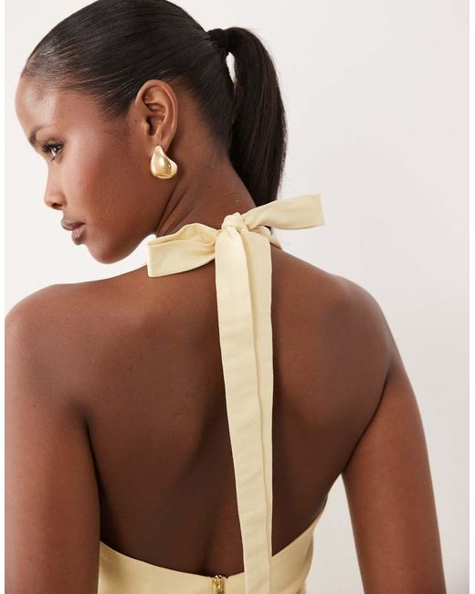 Vesper Natural Bengaline Scoop Halterneck Tie Detail Midi Dress