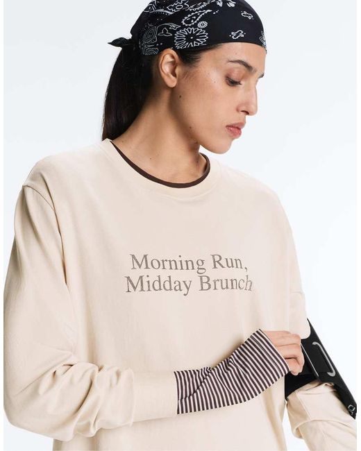 Oysho Natural Long Sleeve Cotton Blend T-shirt With Slogan