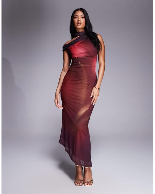 River Island Purple Asymmetric Highneck Mesh Midi Dress