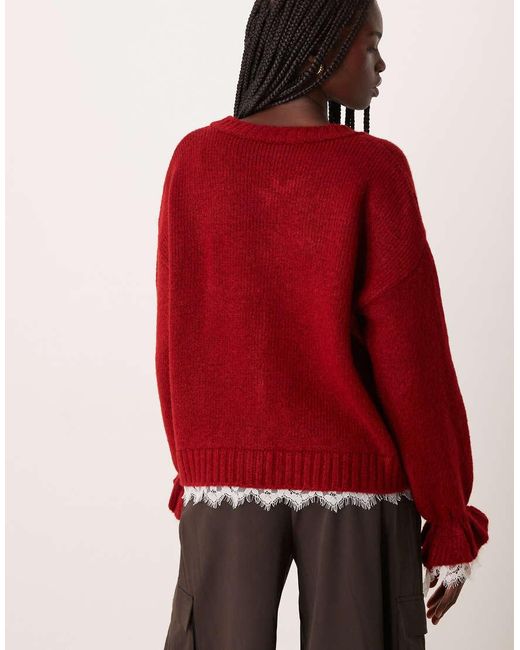 ASOS Red Knitted Cardigan With Lace Inserts Buttons