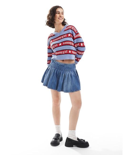 Tommy Hilfiger Blue Tommy Girl Stripe V Neck Jumper