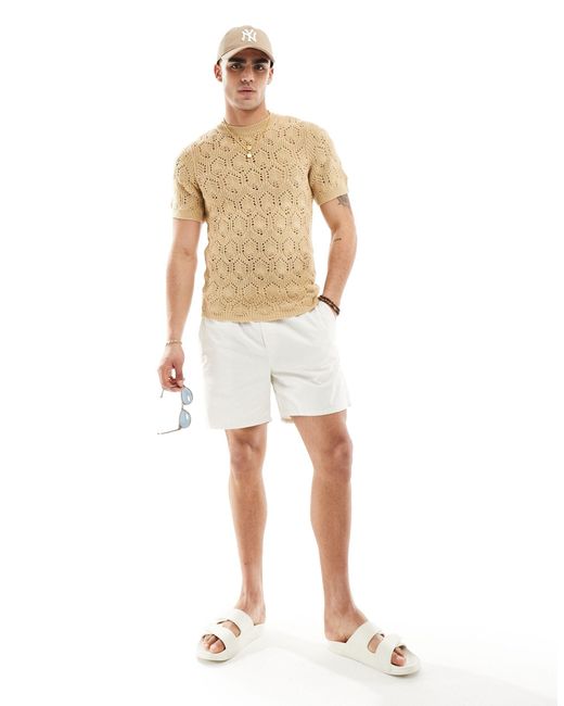 ASOS Natural Muscle Fit Knitted Contrast Pointelle Stitch Crew Neck T-shirt for men