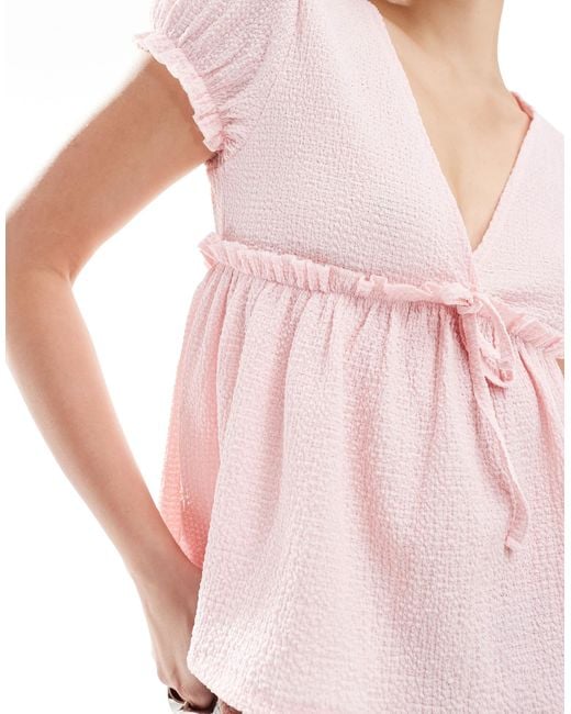 Miss Selfridge Pink Crinkle Textured Jersey Baby Doll Top
