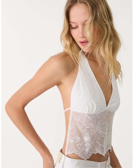 Stradivarius White Halter Top With Sequin Embroidery