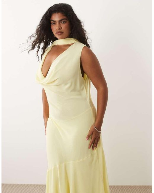 Tfnc Plus Yellow Bridesmaids Chiffon Cowl Neck Scarf Detail Midi Dress