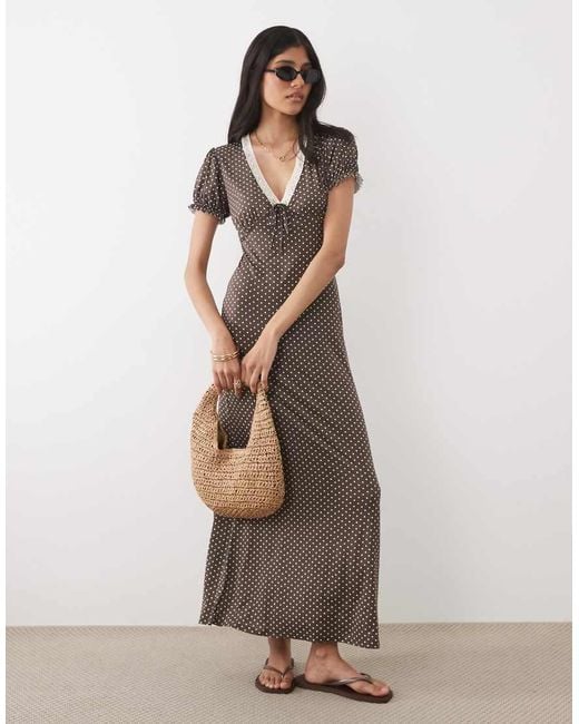 Miss Selfridge Brown V-Neck Maxi Tea Dress With Lace Trim
