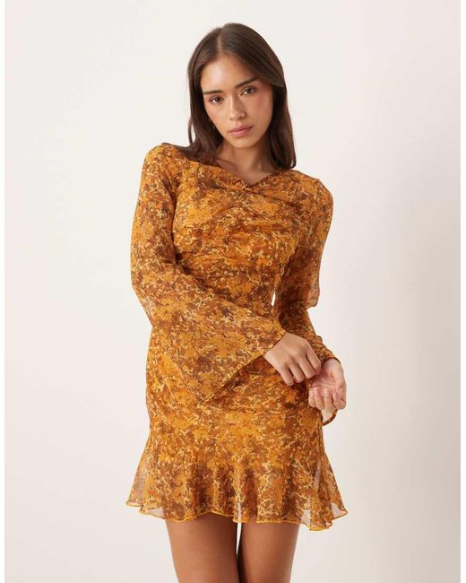 ASOS Natural Mini Dress With Ruched Bodice And Ruffle Tendrils