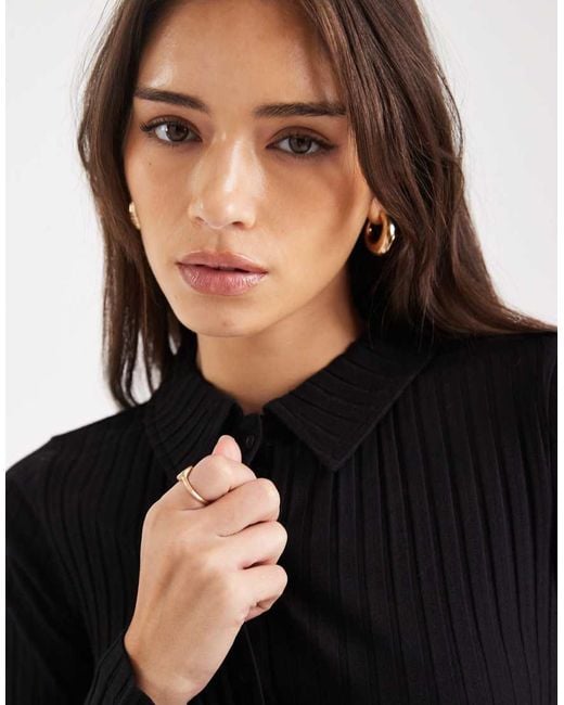 Miss Selfridge Black Rib Polo Button Through Mini Dress