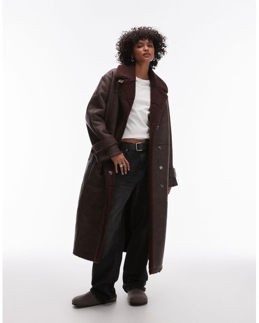 TOPSHOP Black Faux Leather Shearling Long Aviator Jacket