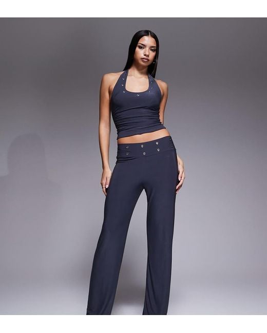 Kaiia Blue Exclusive Double Layered Slinky Eyelet Detail Waistband Wide Leg Pants