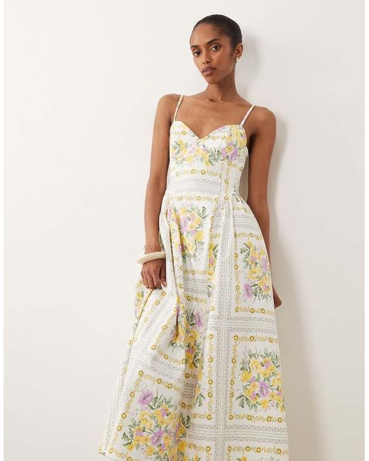 New Look Natural Flower Print Corset Midi Dress