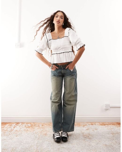Collusion White Extreme Ruched Puff Sleeve Blouse With Contrast Ties
