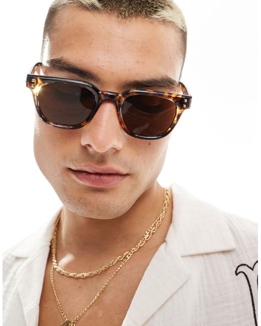 ASOS Brown Square Sunglasses With Silver Pips for men