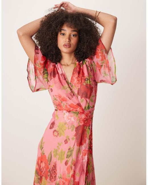 Hope & Ivy Red Flutter Sleeve Maxi Wrap Dress With Tie Waist