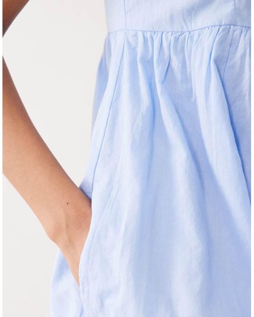Abercrombie & Fitch Blue Square Neck Puff Sleeve Milkmaid Mini Dress