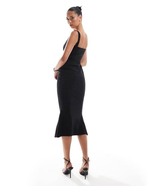 Vesper Black Bengaline Sleeveless Square Neck Fishtail Midi Dress