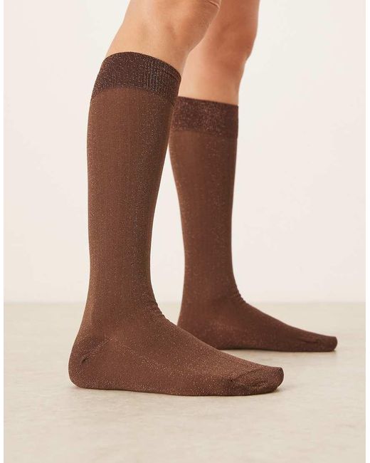 Calcetines Por La Rodilla Marrones Con Acabado Efecto Purpurina Dorado Rosado De Canalé Fino De ASOS de color Natural