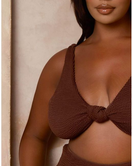 Moda Minx Curve Brown X Alessa Tyrrell-charles Scrunch Bralet Bikini Top With Knot Detail