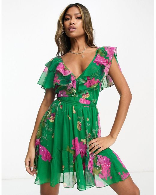 ASOS Green V Front V Back Ruffle Mini Dress With Flutter Sleeve And Tie Belt