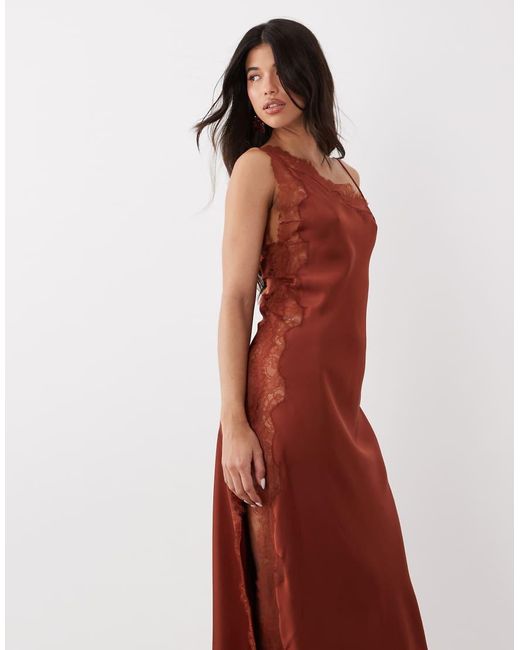 Mango Brown Capsule Asymmetric Satin Midi Dress With Lace Trim