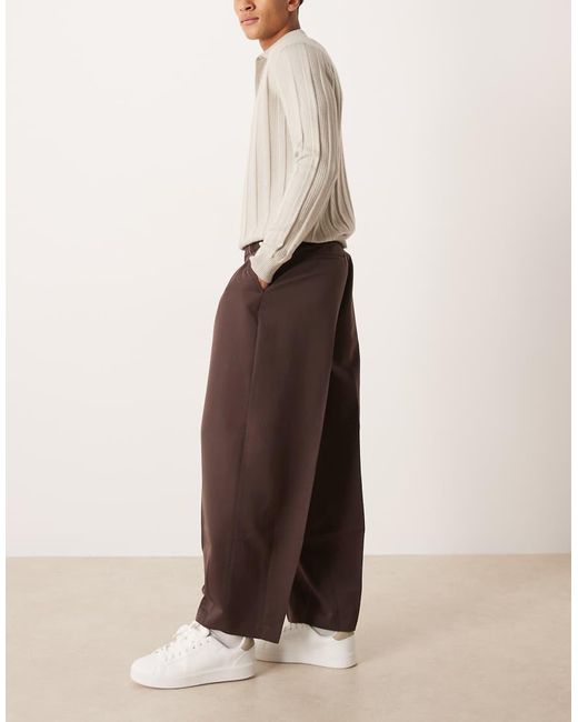 ASOS Brown Smart Pleated Wide Barrel Leg Trousers for men