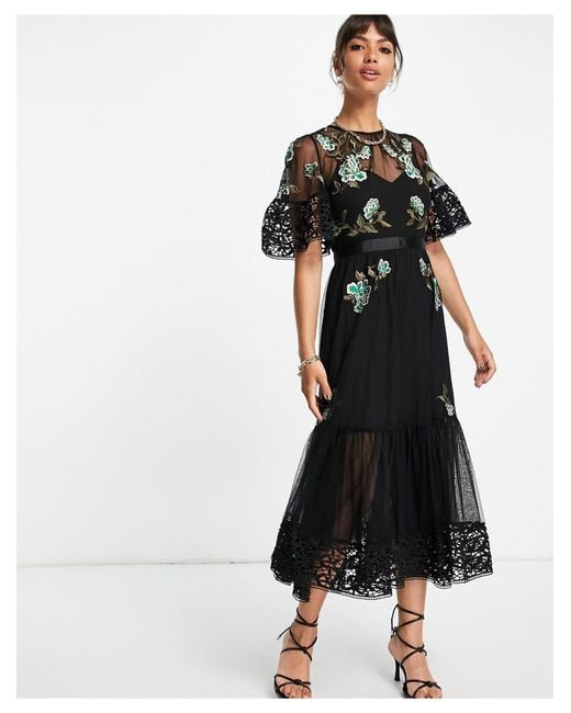 French Connection Black Embroidered Layered Midi Dress