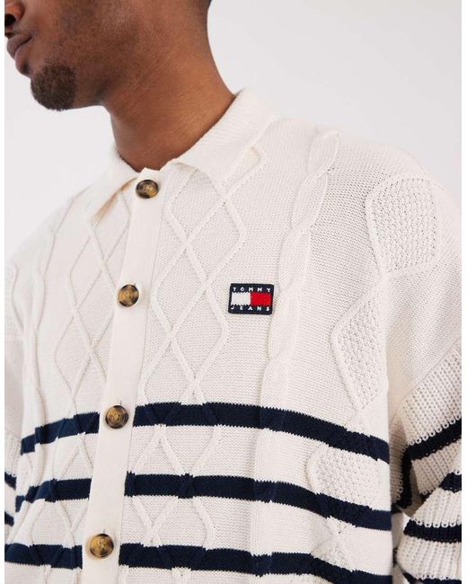 Tommy Hilfiger White Cable Knit Relaxed Fit Cardigan for men