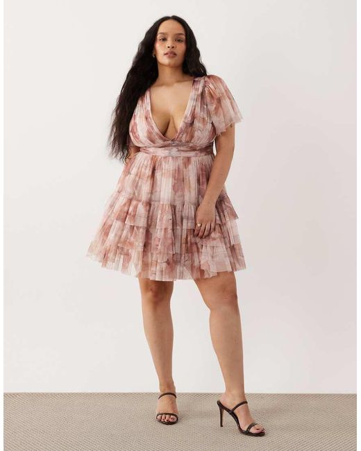 Lace & Beads Plus Pink Tulle Plunge Neck Flutter Sleeve Tiered Mini Dress